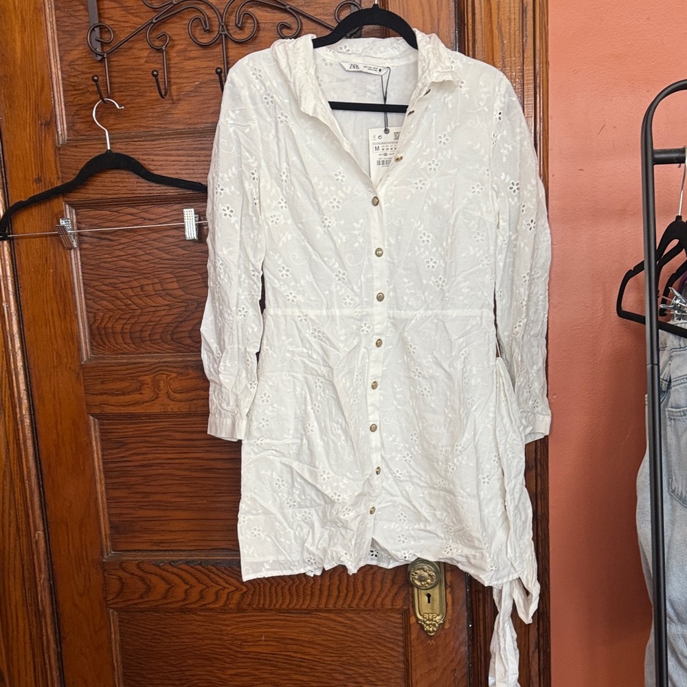 Zara White Eyelet Button-Front Shirt Dress